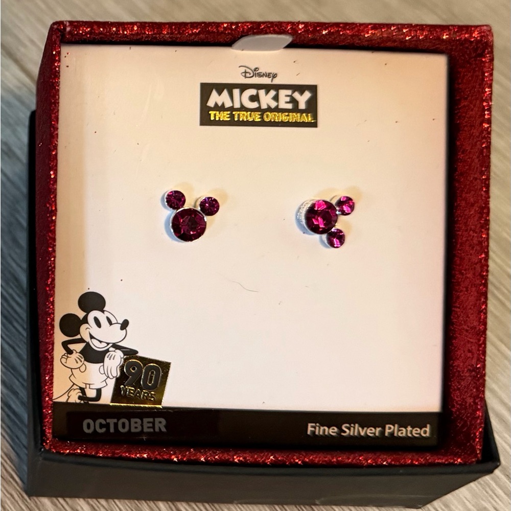 NWTIOB October Birthstone Sparkly Mickey Mouse Fine Silver Plated Earrings